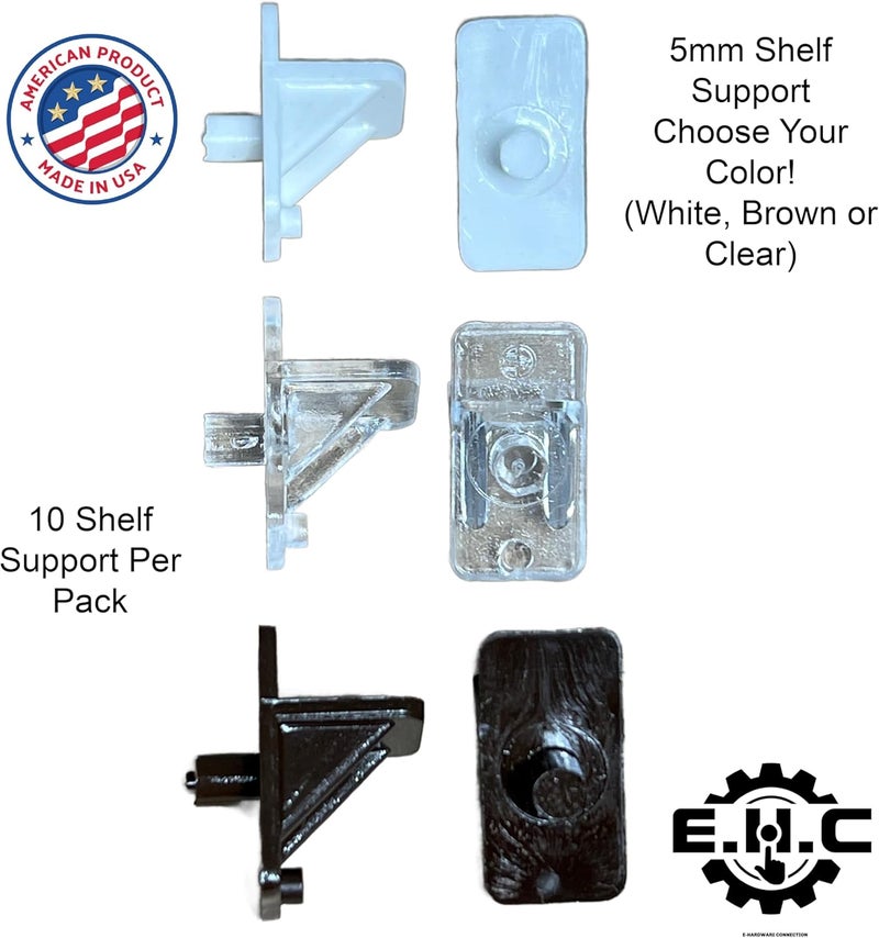 EHC Shelf Support Clips 5mm peg (Choose Your Shelf Clip Color! White, Brown, or Clear) Kitchen/Cabinet Shelf Clips/Furniture Clips/New or Replacement/10 Plastic Support Clips per package/by E.H.C. (Brown) - Image 2